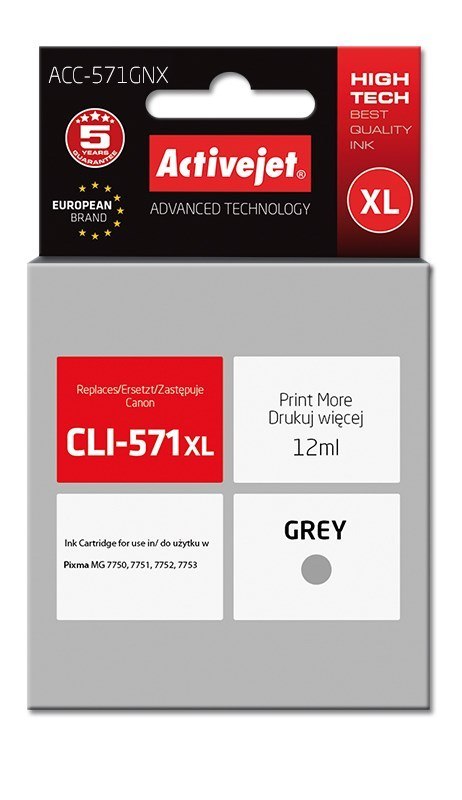 Tusz Activejet ACC-571GNX (zamiennik Canon CLI-571G XL; Supreme; 12 ml; szary) Tusz Activejet ACC-571GNX (zamiennik Canon CLI-571G XL; Supreme; 12 ml; szary)