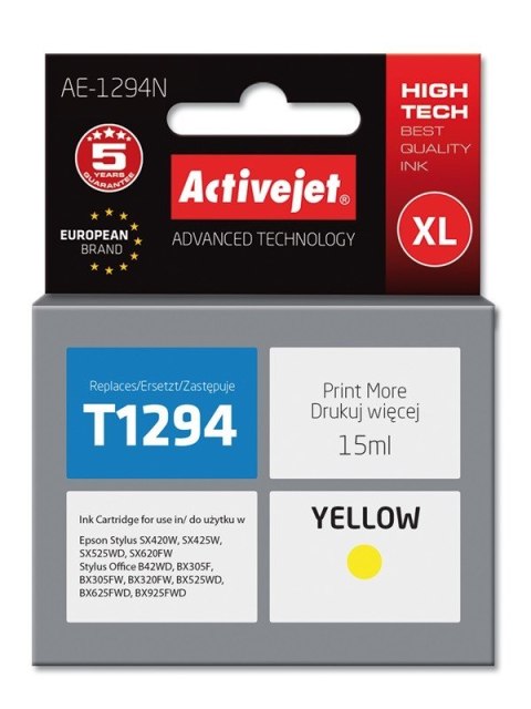 Tusz Activejet AE-1294N (zamiennik Epson T1294; Supreme; 15 ml; żółty) Tusz Activejet AE-1294N (zamiennik Epson T1294; Supreme; 15 ml; żółty)