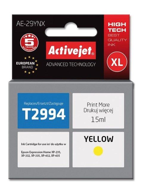 Tusz Activejet AE-29YNX (zamiennik Epson 29XL T2994; Supreme; 15 ml; żółty) Tusz Activejet AE-29YNX (zamiennik Epson 29XL T2994; Supreme; 15 ml; żółty)