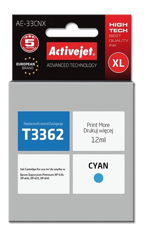 Tusz Activejet AE-33CNX (zamiennik Epson 33XL T3362; Supreme; 12 ml; niebieski) Tusz Activejet AE-33CNX (zamiennik Epson 33XL T3362; Supreme; 12 ml; niebieski)