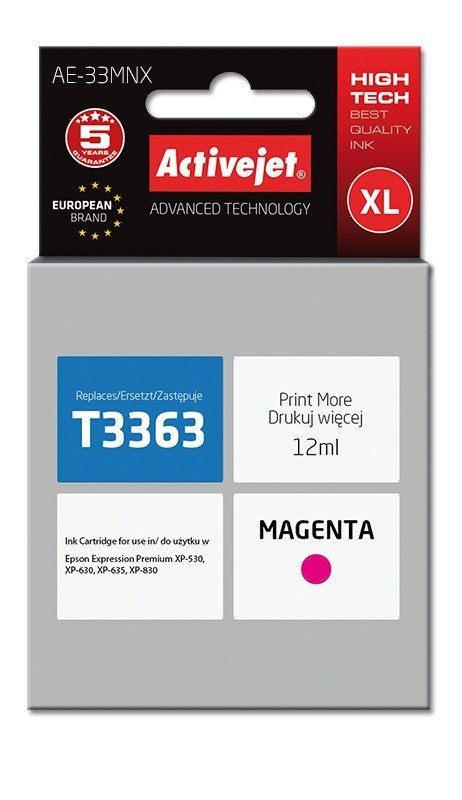 Tusz Activejet AE-33MNX (zamiennik Epson 33XL T3363; Supreme; 12 ml; czerwony) Tusz Activejet AE-33MNX (zamiennik Epson 33XL T3363; Supreme; 12 ml; czerwony)