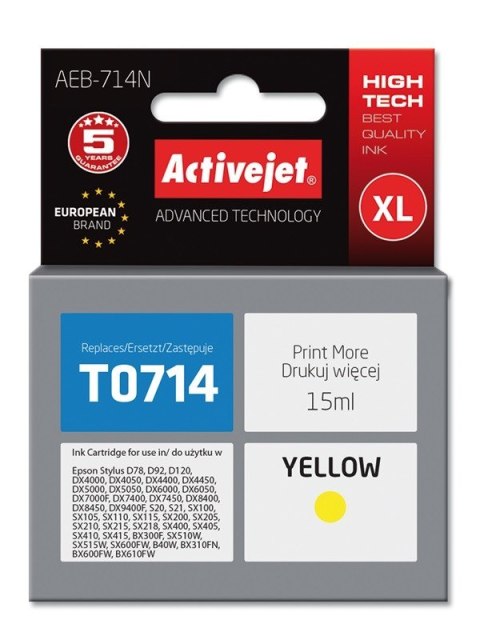 Tusz Activejet AEB-714N (zamiennik Epson T0714, T0894, T1004; Supreme; 15 ml; żółty) Tusz Activejet AEB-714N (zamiennik Epson T0714, T0894, T1004; Supreme; 15 ml; żółty)