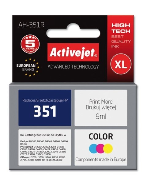 Tusz Activejet AH-351R (zamiennik HP 351 CB337EE; Premium; 9 ml; kolor) Tusz Activejet AH-351R (zamiennik HP 351 CB337EE; Premium; 9 ml; kolor)