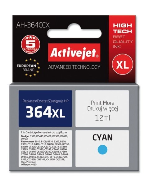 Tusz Activejet AH-364CCX (zamiennik HP 364XL CB323EE; Premium; 12 ml; niebieski) Tusz Activejet AH-364CCX (zamiennik HP 364XL CB323EE; Premium; 12 ml; niebieski)