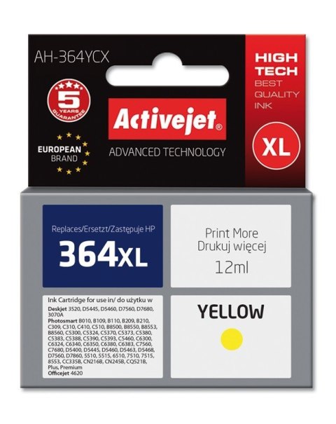 Tusz Activejet AH-364YCX (zamiennik HP 364XL CB325EE; Premium; 12 ml; żółty) Tusz Activejet AH-364YCX (zamiennik HP 364XL CB325EE; Premium; 12 ml; żółty)