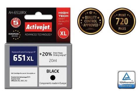 Tusz Activejet AH-651BRX (zamiennik HP 651 C2P10AE; Premium; 20 ml; czarny) Tusz Activejet AH-651BRX (zamiennik HP 651 C2P10AE; Premium; 20 ml; czarny)