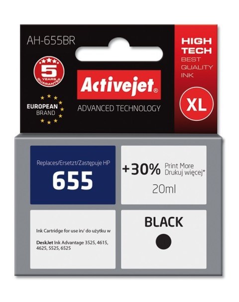 Tusz Activejet AH-655BR (zamiennik HP 655 CZ109AE; Premium; 20 ml; czarny) Tusz Activejet AH-655BR (zamiennik HP 655 CZ109AE; Premium; 20 ml; czarny)