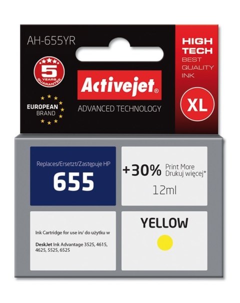 Tusz Activejet AH-655YR (zamiennik HP 655 CZ112AE; Premium; 12 ml; żółty) Tusz Activejet AH-655YR (zamiennik HP 655 CZ112AE; Premium; 12 ml; żółty)
