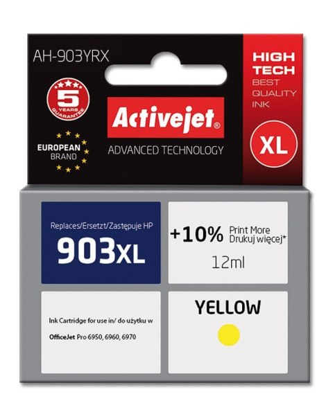 Tusz Activejet AH-903YRX (zamiennik HP 903XL T6M11AE; Premium; 12 ml; żółty) Tusz Activejet AH-903YRX (zamiennik HP 903XL T6M11AE; Premium; 12 ml; żółty)
