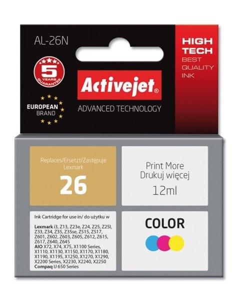 Tusz Activejet AL-26N (zamiennik Lexmark 26 10N0026; Supreme; 12 ml; kolor) Tusz Activejet AL-26N (zamiennik Lexmark 26 10N0026; Supreme; 12 ml; kolor)