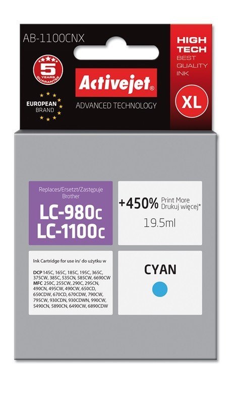 Tusz Activejet AB-1100CNX (zamiennik Brother LC1100C/980C; Supreme; 19,5 ml; niebieski) Tusz Activejet AB-1100CNX (zamiennik Brother LC1100C/980C; Supreme; 19,5 ml; niebieski)