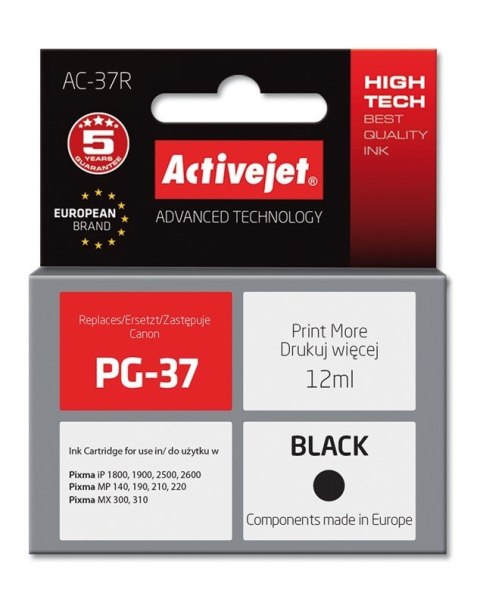 Tusz Activejet AC-37R (zamiennik Canon PG-37; Premium; 12 ml; czarny) Tusz Activejet AC-37R (zamiennik Canon PG-37; Premium; 12 ml; czarny)