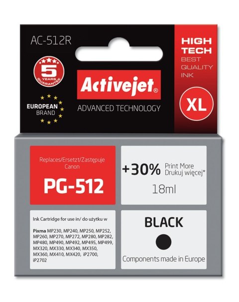 Tusz Activejet AC-512R (zamiennik Canon PG-512; Premium; 18 ml; czarny) Tusz Activejet AC-512R (zamiennik Canon PG-512; Premium; 18 ml; czarny)