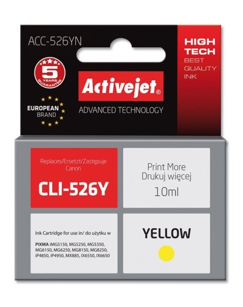 Tusz Activejet ACC-526YN (zamiennik Canon CLI-526Y; Supreme; 10 ml; żółty) Tusz Activejet ACC-526YN (zamiennik Canon CLI-526Y; Supreme; 10 ml; żółty)