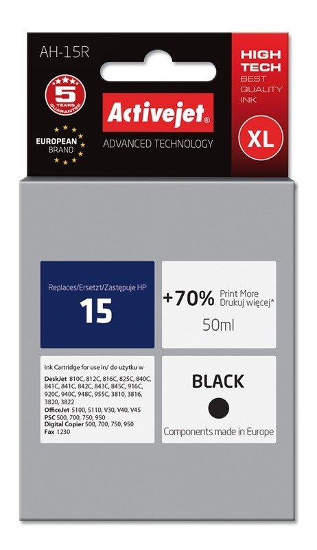 Tusz Activejet AH-15R (zamiennik HP 15 C6615N; Premium; 50 ml; czarny) Tusz Activejet AH-15R (zamiennik HP 15 C6615N; Premium; 50 ml; czarny)
