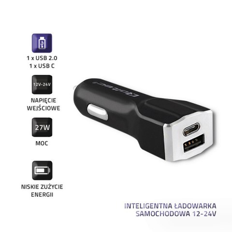 Qoltec Inteligentna Ładowarka samochodowa 12-24V | 27W | 5V | 3A | USB 2.0 + USB typ C Qoltec Inteligentna Ładowarka samochodowa 12-24V | 27W | 5V | 3A | USB 2.0 + USB typ C
