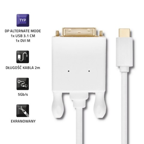 Qoltec Kabel USB 3.1 typ C męski/ DVI męski | 4K | Alternate mode | 2m Qoltec Kabel USB 3.1 typ C męski/ DVI męski | 4K | Alternate mode | 2m