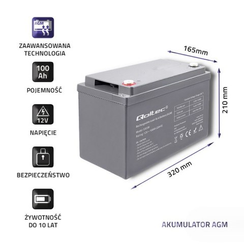 Qoltec Akumulator AGM | 12V | 100Ah | max 1200A