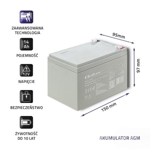 Qoltec Akumulator AGM | 12V | 14Ah |max. 210A