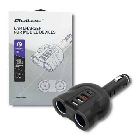 Qoltec Samochodowy rozdzielacz gniazda zapalniczki 12-24V | 52W | 2.4A | 2 x USB | USB QC 3.0 | USB typ C PD | 2 x gniazdo zapal Qoltec Samochodowy rozdzielacz gniazda zapalniczki 12-24V | 52W | 2.4A | 2 x USB | USB QC 3.0 | USB typ C PD | 2 x gniazdo zapal