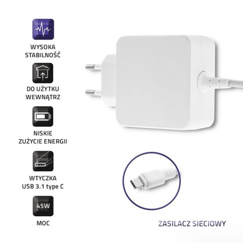 Qoltec Zasilacz sieciowy 45W | 5-20V | 2-3A | USB typ C | PD | Biała Qoltec Zasilacz sieciowy 45W | 5-20V | 2-3A | USB typ C | PD | Biała