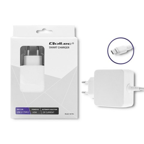 Qoltec Zasilacz sieciowy 45W | 5-20V | 2-3A | USB typ C | PD | Biała Qoltec Zasilacz sieciowy 45W | 5-20V | 2-3A | USB typ C | PD | Biała