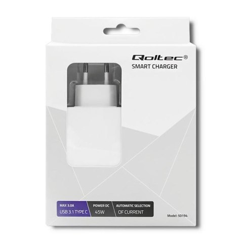 Qoltec Zasilacz sieciowy 45W | 5-20V | 2-3A | USB typ C | PD | Biała Qoltec Zasilacz sieciowy 45W | 5-20V | 2-3A | USB typ C | PD | Biała