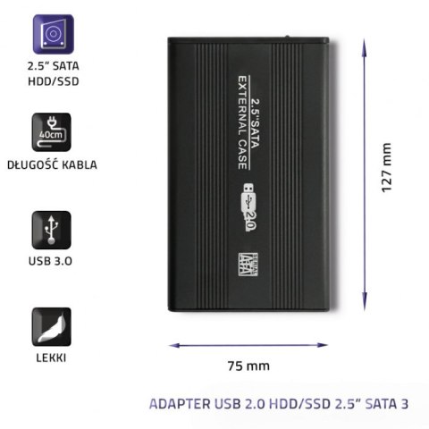 Qoltec Aluminiowa obudowa/kieszeń do dysków HDD/SSD 2.5" SATA3 | USB 2.0 | Czarny Qoltec Aluminiowa obudowa/kieszeń do dysków HDD/SSD 2.5" SATA3 | USB 2.0 | Czarny