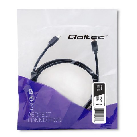 Qoltec Kabel USB 2.0 typ C męski | USB 2.0 typ C męski | 2.5m | Czarny Qoltec Kabel USB 2.0 typ C męski | USB 2.0 typ C męski | 2.5m | Czarny