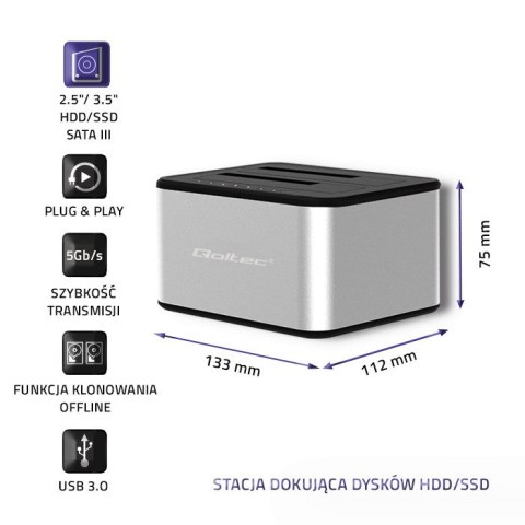 Qoltec Stacja dokująca dysków 2x HDD/SSD | 2.5"/3.5" SATA | USB 3.0 | Klonowanie Qoltec Stacja dokująca dysków 2x HDD/SSD | 2.5"/3.5" SATA | USB 3.0 | Klonowanie
