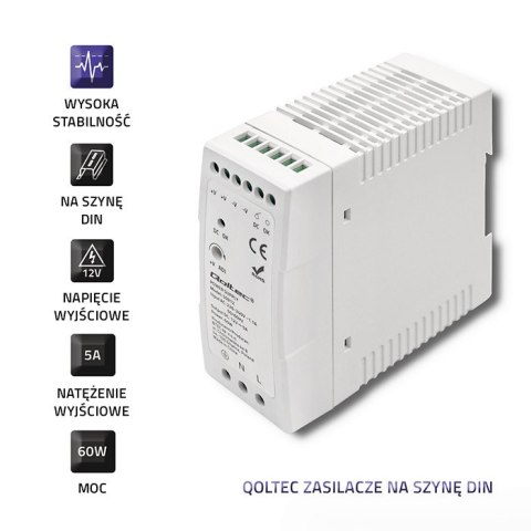 Qoltec Zasilacz na szynę DIN | 60W | 12V | 5A | Biały | Slim Qoltec Zasilacz na szynę DIN | 60W | 12V | 5A | Biały | Slim