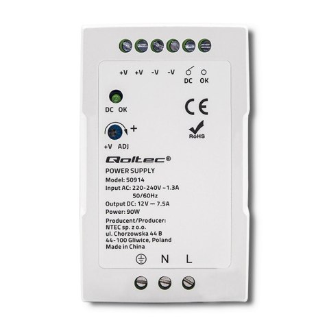Qoltec Zasilacz na szynę DIN | 90W | 12V | 7.5A | Biały | Slim Qoltec Zasilacz na szynę DIN | 90W | 12V | 7.5A | Biały | Slim