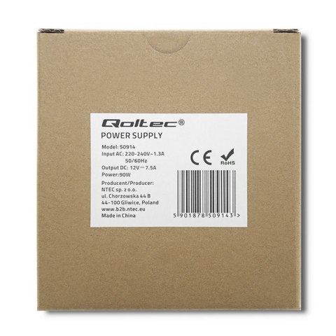 Qoltec Zasilacz na szynę DIN | 90W | 12V | 7.5A | Biały | Slim Qoltec Zasilacz na szynę DIN | 90W | 12V | 7.5A | Biały | Slim