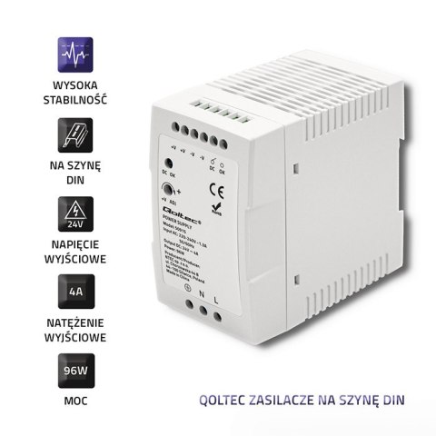 Qoltec Zasilacz na szynę DIN | 96W | 24V | 4A | Biały| Slim Qoltec Zasilacz na szynę DIN | 96W | 24V | 4A | Biały| Slim