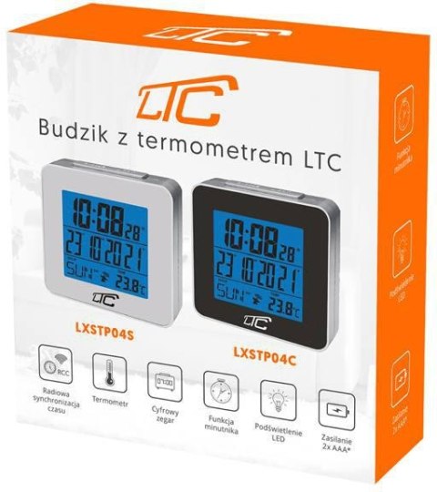 Budzik z termometrem LTC, sterowany radiowo, czarny LXSTP04C