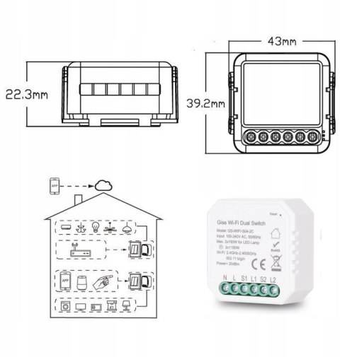 GISE SMART Dual Switch Podwójny sterownik oświetleniowy Tuya WiFi GISE SMART Dual Switch Podwójny sterownik oświetleniowy Tuya WiFi