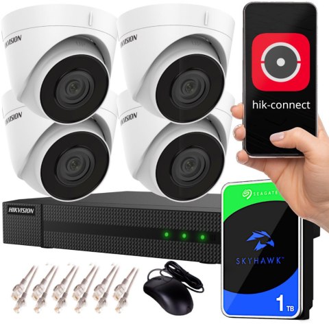 Zestaw monitoringu IP Hikvision NVR 1TB 4 kamery kopułkowe 4MPx IR 30m Zestaw monitoringu IP Hikvision NVR 1TB 4 kamery kopułkowe 4MPx IR 30m