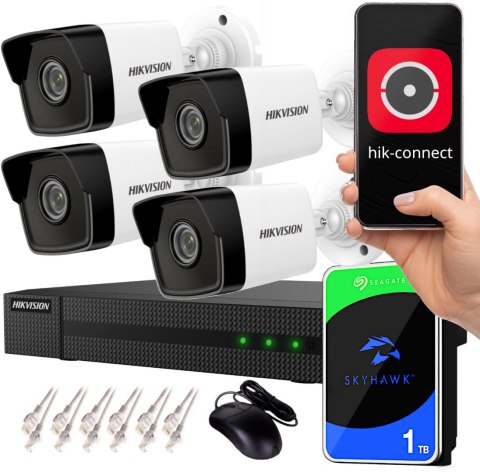 Zestaw monitoringu IP Hikvision NVR 1TB 4 kamery tubowe 4MPx IR 30m Zestaw monitoringu IP Hikvision NVR 1TB 4 kamery tubowe 4MPx IR 30m