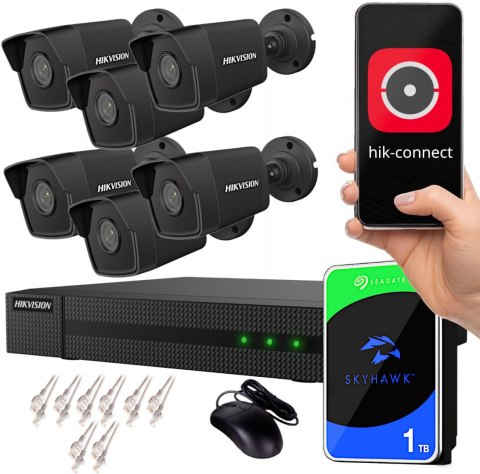 Zestaw monitoringu IP Hikvision NVR 1TB 6 kamer tubowych 4MPx czarne Zestaw monitoringu IP Hikvision NVR 1TB 6 kamer tubowych 4MPx czarne