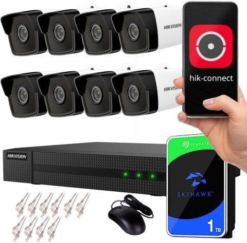 Zestaw monitoringu IP Hikvision NVR 1TB 8 kamer tubowych 4MPx IR 30m Zestaw monitoringu IP Hikvision NVR 1TB 8 kamer tubowych 4MPx IR 30m