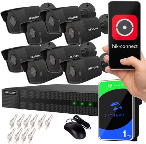 Zestaw monitoringu IP Hikvision NVR 1TB 8 kamer tubowych 4MPx czarne Zestaw monitoringu IP Hikvision NVR 1TB 8 kamer tubowych 4MPx czarne