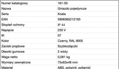 GNIAZDO VG-1 161-01 IP44 CZARNE KOALA ELKETROINSTALACYJNE NATYNKOWE Z KLAPKĄ VIPLAST GNIAZDO VG-1 161-01 IP44 CZARNE KOALA ELKETROINSTALACYJNE NATYNKOWE Z KLAPKĄ VIPLAST