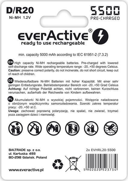 Akumulatorki D / R20 everActive Ni-MH Ni-MH 5500 mAh ready to use Silver line (box 2 szt) Akumulatorki D / R20 everActive Ni-MH Ni-MH 5500 mAh ready to use Silver line (box 2 szt)