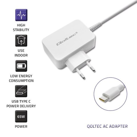 Qoltec Zasilacz sieciowy 65W | 5-20.3V | 2-3.25A | USB typ C | PD | Biały Qoltec Zasilacz sieciowy 65W | 5-20.3V | 2-3.25A | USB typ C | PD | Biały