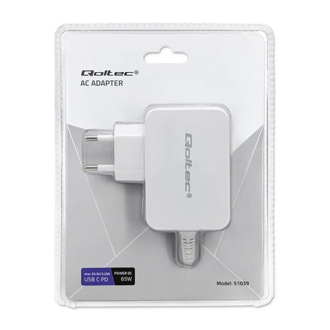 Qoltec Zasilacz sieciowy 65W | 5-20.3V | 2-3.25A | USB typ C | PD | Biały Qoltec Zasilacz sieciowy 65W | 5-20.3V | 2-3.25A | USB typ C | PD | Biały