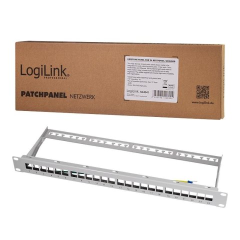 Patch panel 19" LogiLink NK4041 24 x keystone, 1U, ekranowany, szary Patch panel 19" LogiLink NK4041 24 x keystone, 1U, ekranowany, szary