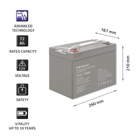Qoltec Akumulator AGM | 12V | 72Ah | max. 1080A