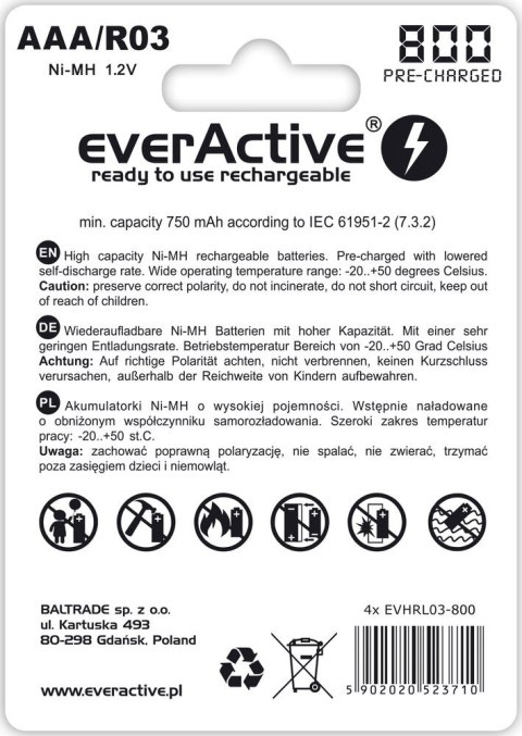 Zestaw akumulatorków everActive EVHRL03-800 (800mAh ; Ni-MH LSD) Zestaw akumulatorków everActive EVHRL03-800 (800mAh ; Ni-MH LSD)