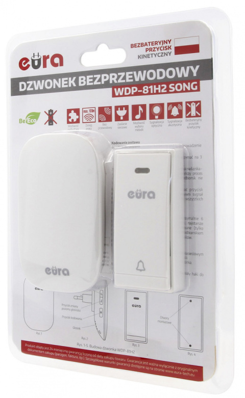 DZWONEK BEZPRZEWODOWY ''EURA'' WDP-81H2 ''SONG''- bezbateryjny, przycisk (kinetyczny), możliwość rozbudowy DZWONEK BEZPRZEWODOWY ''EURA'' WDP-81H2 ''SONG''- bezbateryjny, przycisk (kinetyczny), możliwość rozbudowy