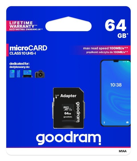 Karta pamięci GoodRam M1AA-0640R12 (64GB; Class 10; + adapter) Karta pamięci GoodRam M1AA-0640R12 (64GB; Class 10; + adapter)